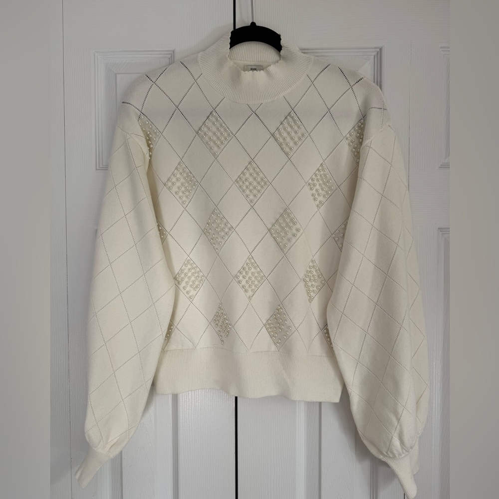 River Island Cream White Argyle Sweater With Pearl Detail Size M - Picture 4 of 10